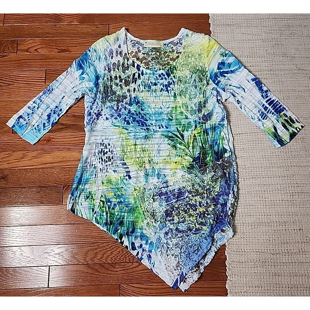 Impulse California Lace Top L Multi Asymmetric Semi Sheer Art Tropical Beach USA